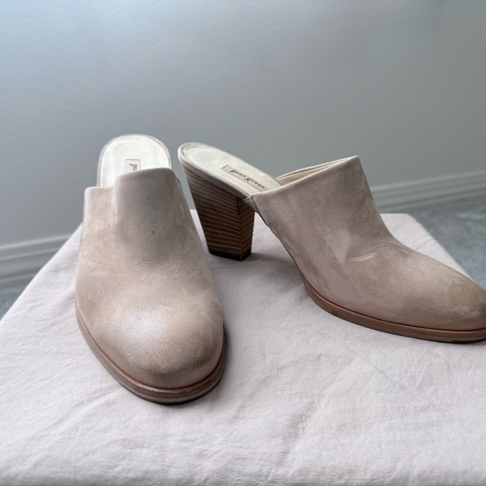 Paul Green Light Taupe Suede Block Heel Mules